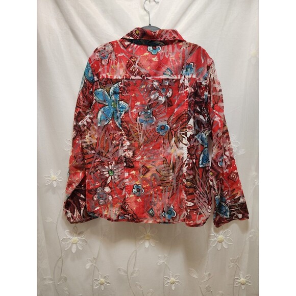 Chicos Women 3 Red Shaket Button Sheer Burnout Floral Long Sleeve Abstract Artsy - Picture 10 of 12